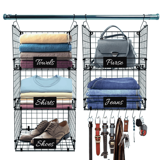 Adjustable hanging closet organizer with labeled compartments for towels, shirts, shoes, purse, jeans, belts, and keys.