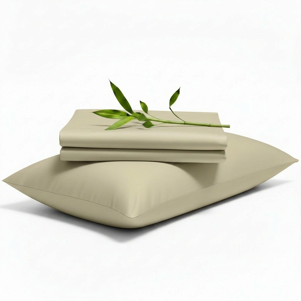 Decolure Crème bamboo sheet set 3-piece set including fitted sheet, flat sheet, and pillowcase, neatly folded