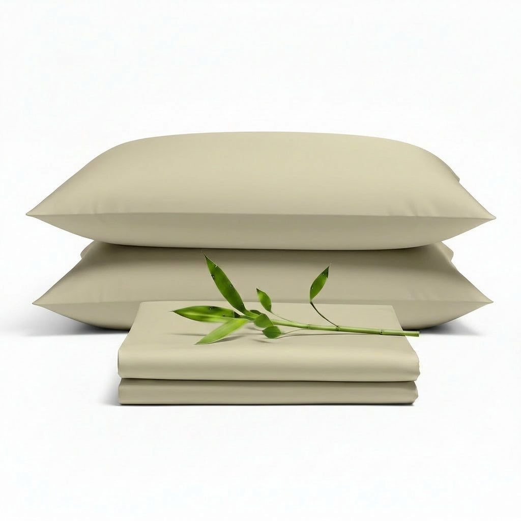 Decolure Crème bamboo sheet set 4-piece set including fitted sheet, flat sheet, and two pillowcases, neatly arranged