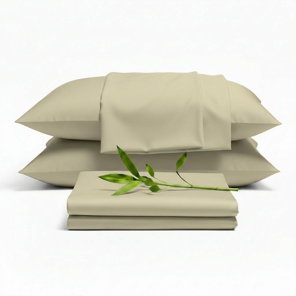 Decolure Crème bamboo sheet set 6-piece set including fitted sheet, flat sheet, and four pillowcases, complete bedding pac...