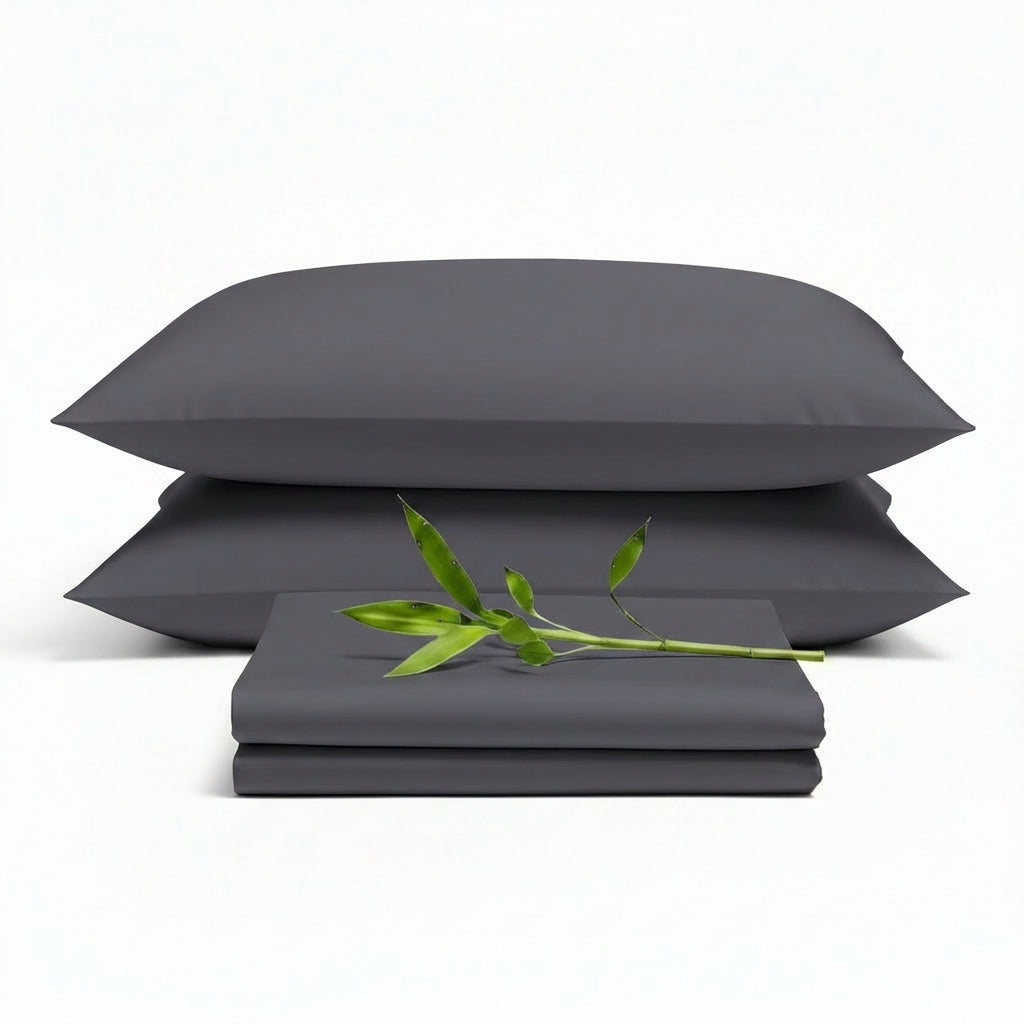Decolure Grey bamboo sheet set 4-piece set including fitted sheet, flat sheet, and two pillowcases, neatly arranged