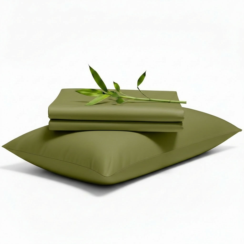 Decolure Light Olive bamboo sheet set 3-piece set including fitted sheet, flat sheet, and pillowcase, neatly folded