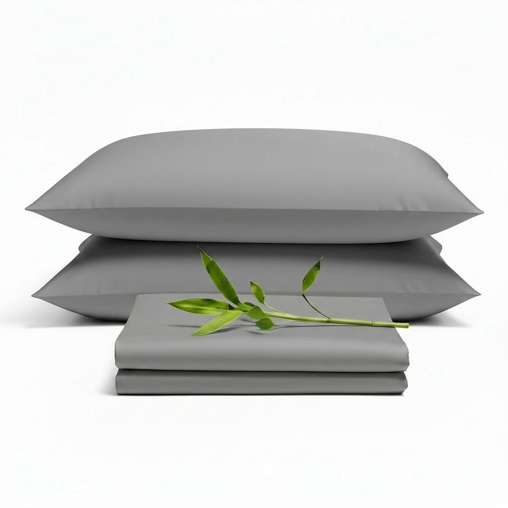 Decolure Grey bamboo sheet set 4-piece set including fitted sheet, flat sheet, and two pillowcases, neatly arranged