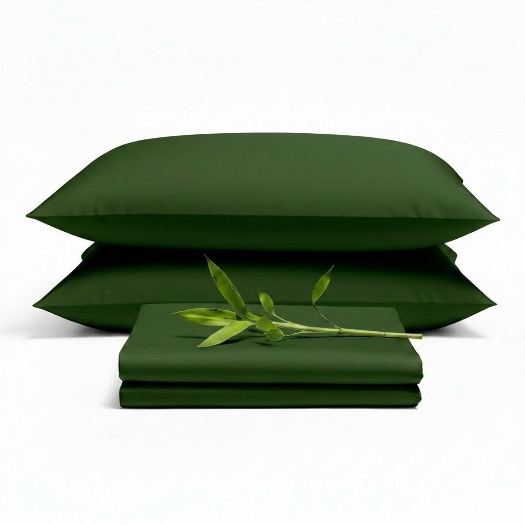 Decolure Olive bamboo sheet set 4-piece set including fitted sheet, flat sheet, and two pillowcases, neatly arranged