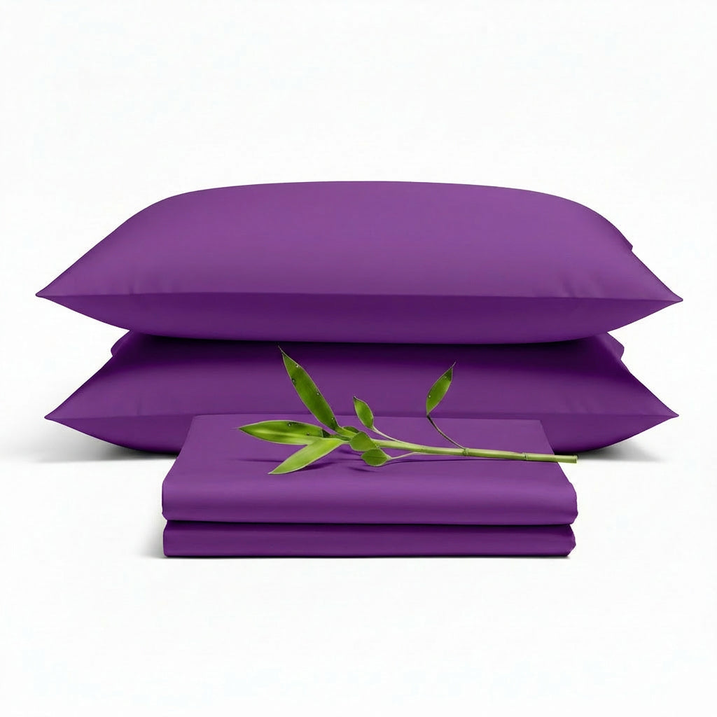 Decolure Purple bamboo sheet set 4-piece set including fitted sheet, flat sheet, and two pillowcases, neatly arranged