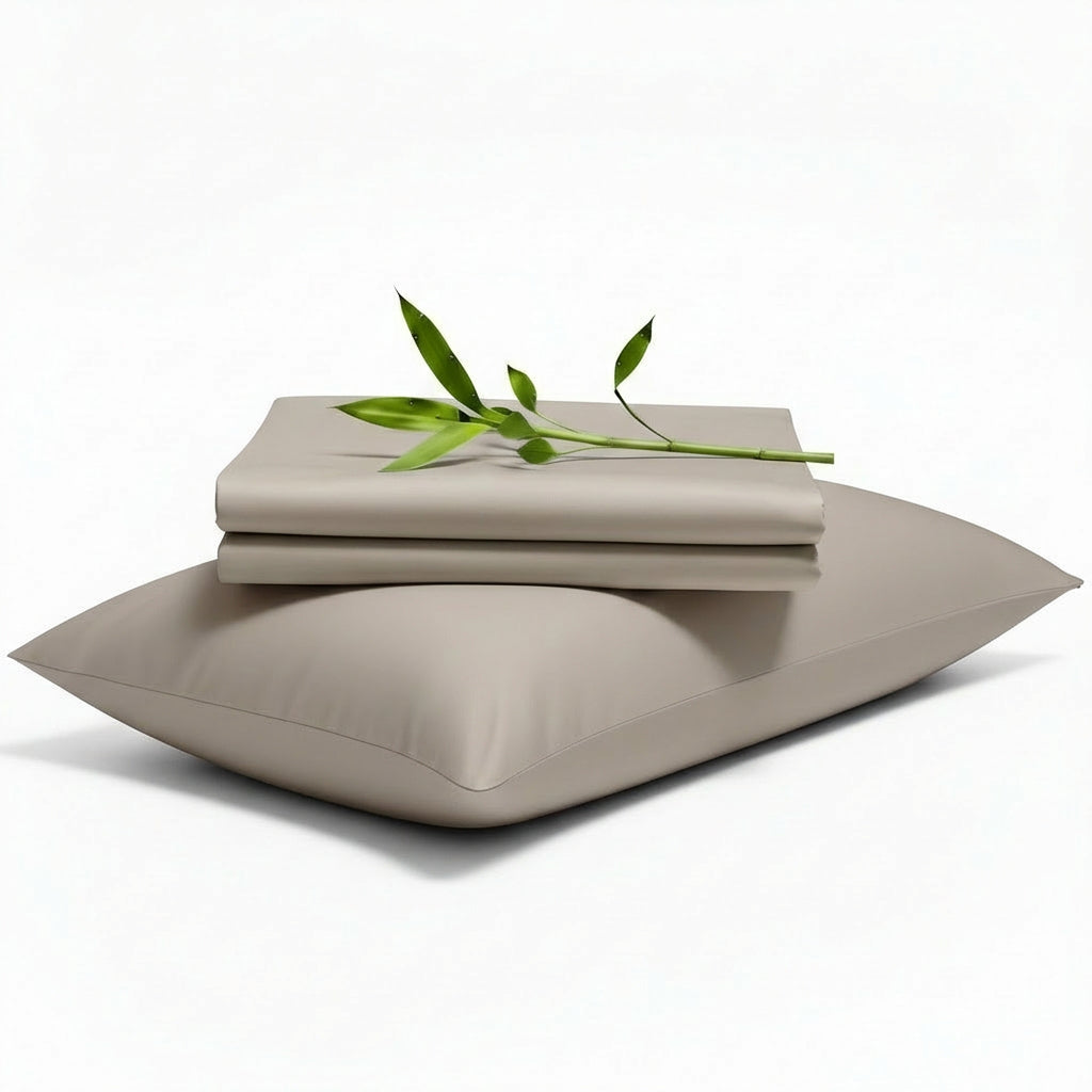 Decolure Taupe bamboo sheet set 3-piece set including fitted sheet, flat sheet, and pillowcase, neatly folded