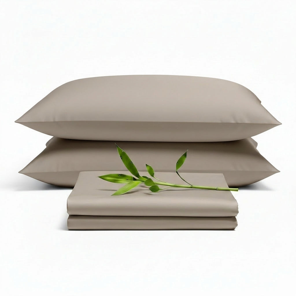 Decolure Taupe bamboo sheet set 4-piece set including fitted sheet, flat sheet, and two pillowcases, neatly arranged