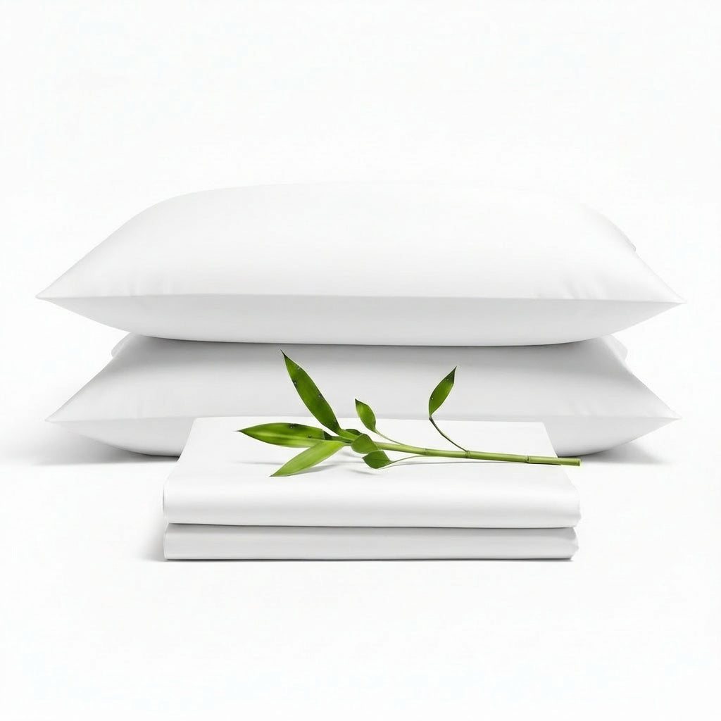 Decolure White bamboo sheet set 4-piece set including fitted sheet, flat sheet, and two pillowcases, neatly arranged