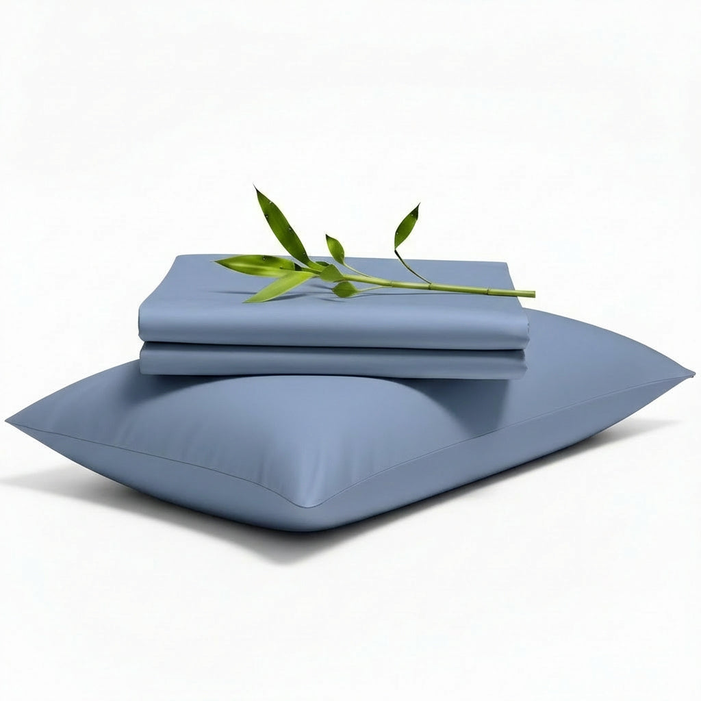 Decolure Light Blue bamboo sheet set 3-piece set including fitted sheet, flat sheet, and pillowcase, neatly folded