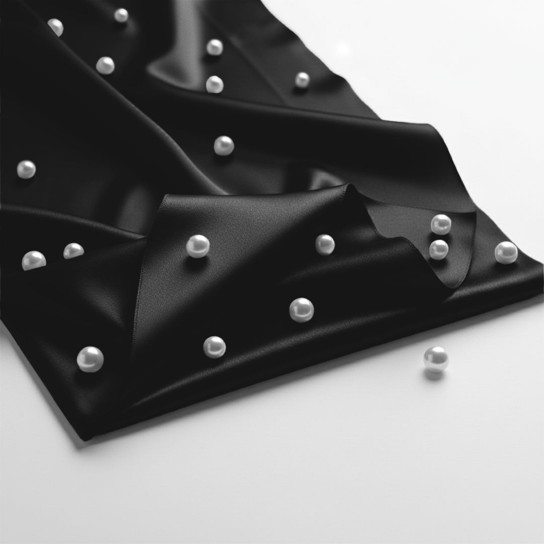 Black satin fitted sheet adorned with scattered white pearl embellishments on a smooth surface.