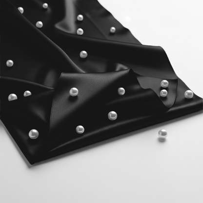 Black satin fitted sheet adorned with scattered white pearl embellishments on a smooth surface.
