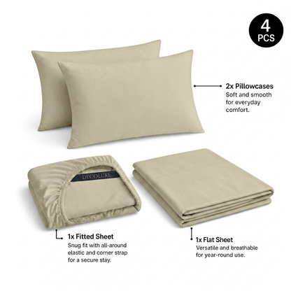 Ivory Decolure sheet set shown as 4 pieces: 2 pillowcases, one folded fitted sheet and one folded flat sheet.