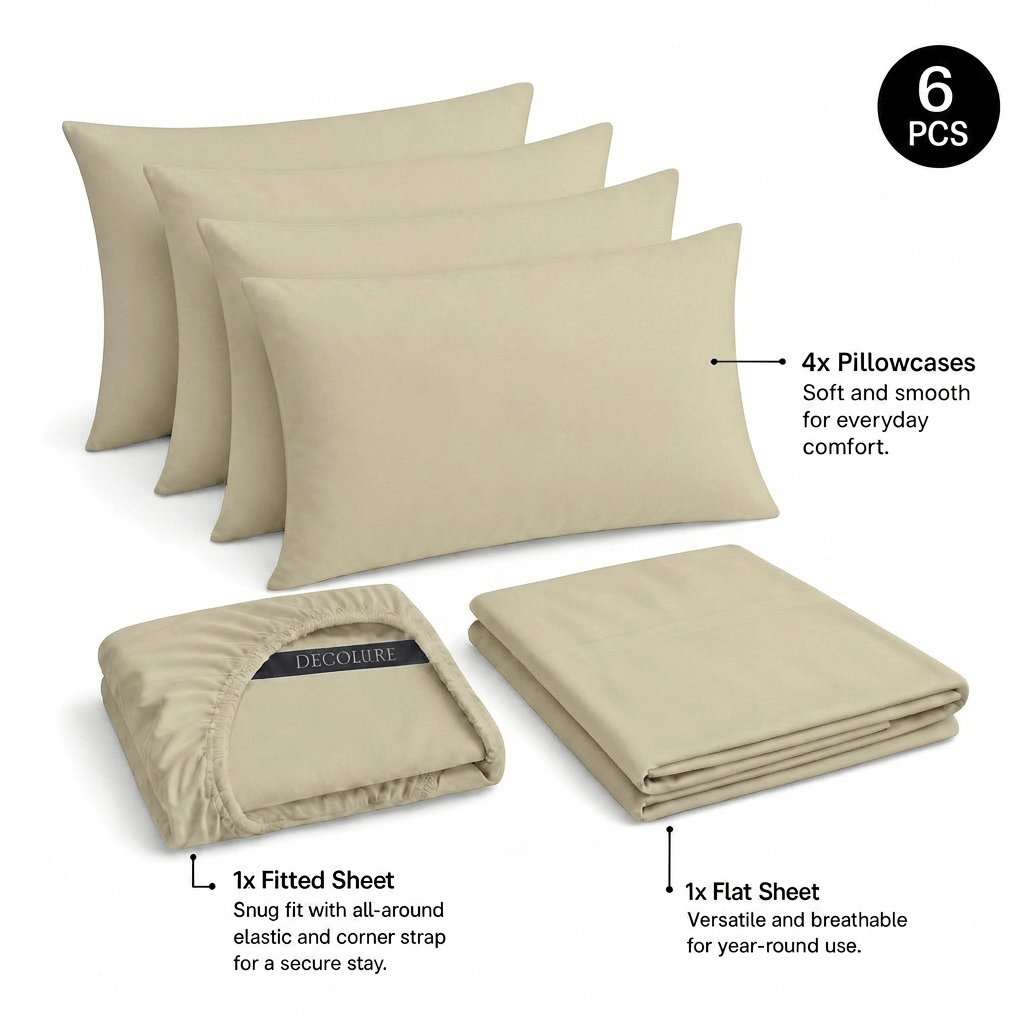 Ivory Decolure sheet set shown as 6 pieces: 4 pillowcases, one folded fitted sheet and one folded flat sheet.