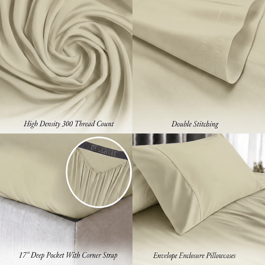 Ivory bedding detail panels show swirled fabric, double stitching, a fitted corner with strap and an envelope pillowcase; labels note 300 thread count and a 17 inch pocket.