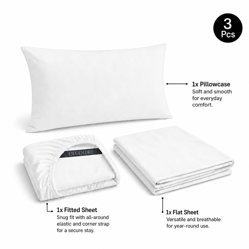 White Decolure sheet set shown as 3 pieces: one pillowcase, one folded fitted sheet and one folded flat sheet.