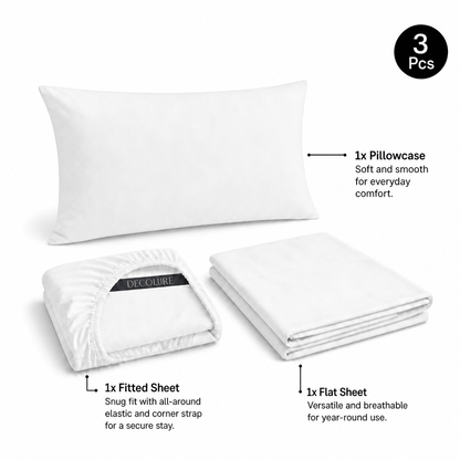 White Decolure sheet set shown as 3 pieces: one pillowcase, one folded fitted sheet and one folded flat sheet.