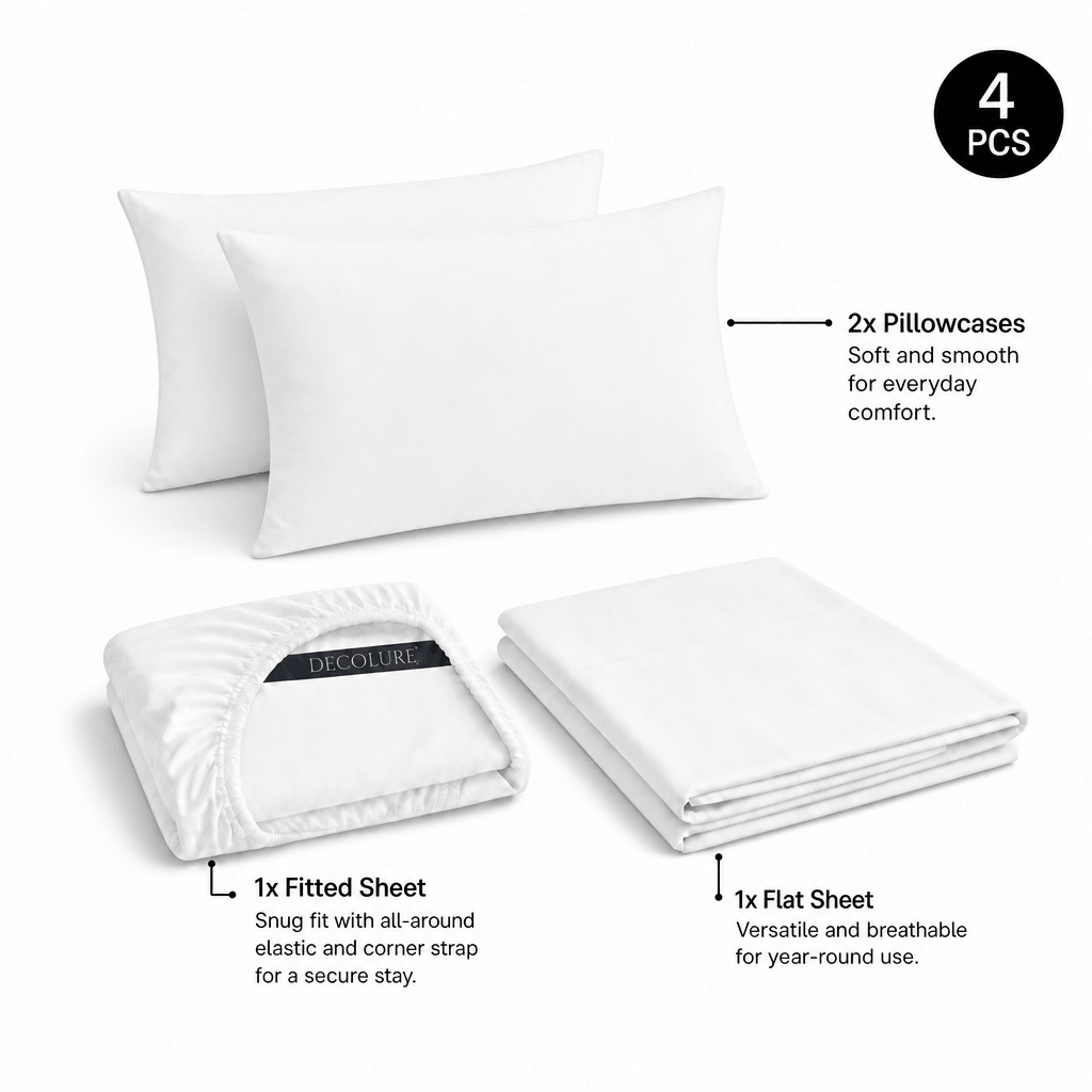 White Decolure sheet set shown as 4 pieces: 2 pillowcases, one folded fitted sheet and one folded flat sheet.