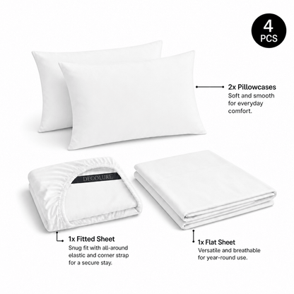 White Decolure sheet set shown as 4 pieces: 2 pillowcases, one folded fitted sheet and one folded flat sheet.