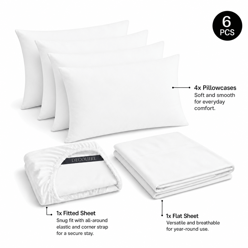 White Decolure sheet set shown as 6 pieces: 4 pillowcases, one folded fitted sheet and one folded flat sheet.