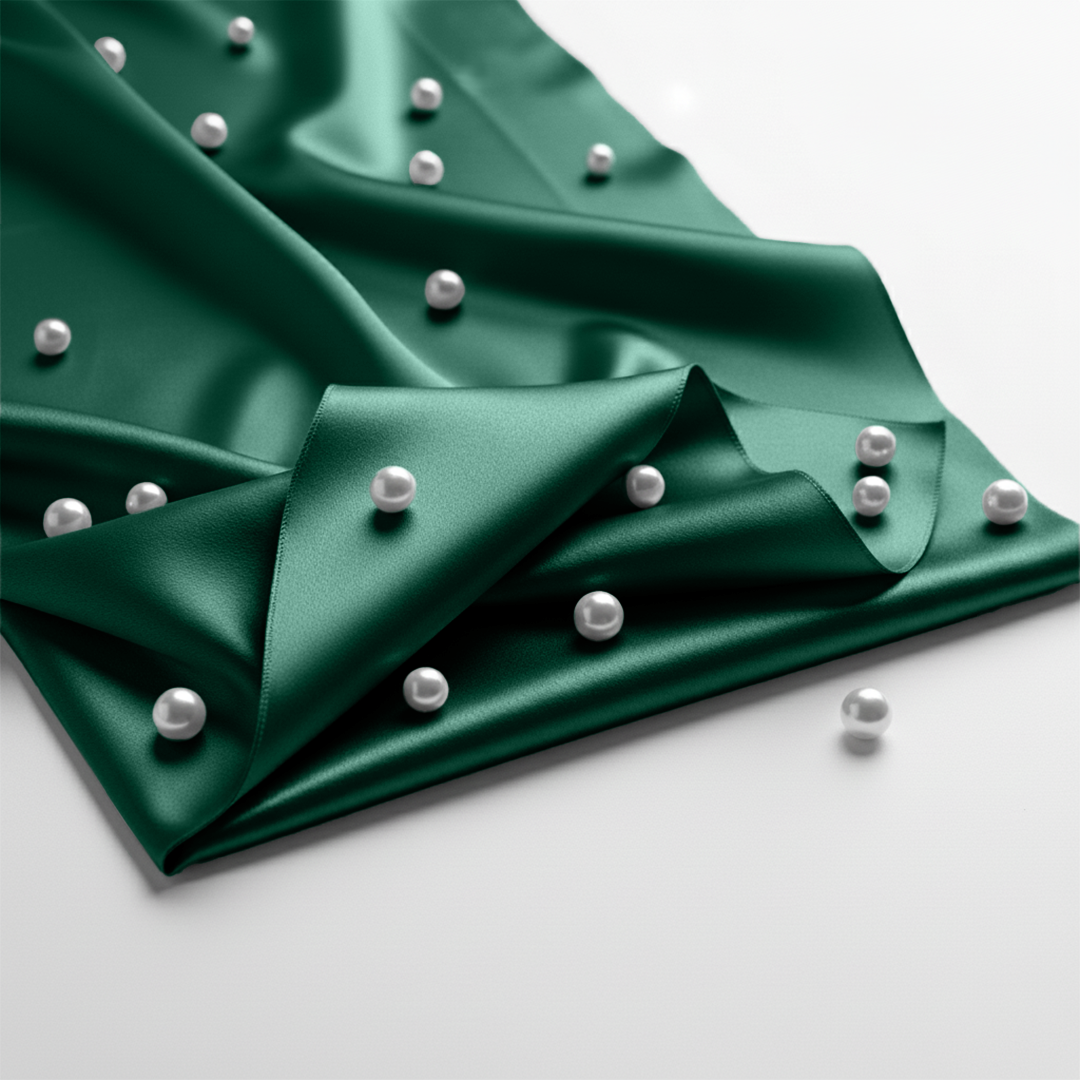Dark green satin fitted sheet with smooth silky texture and scattered white pearls on top.