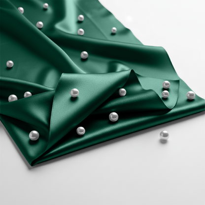 Dark green satin fitted sheet with smooth silky texture and scattered white pearls on top.