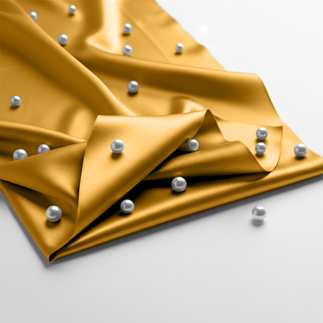 Gold satin fitted sheet with smooth, glossy finish and scattered white pearls on fabric surface.
