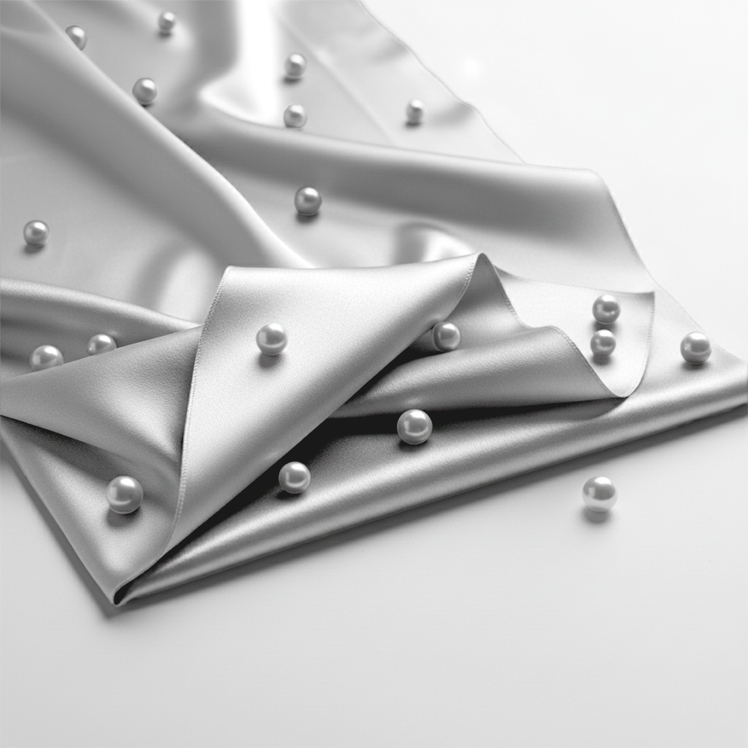 Smooth grey satin fitted sheet with scattered decorative white pearls on top.