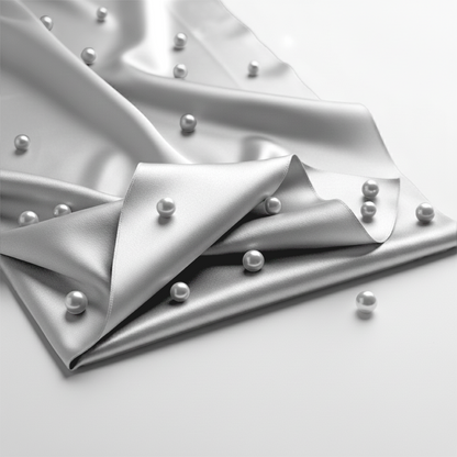 Smooth grey satin fitted sheet with scattered decorative white pearls on top.