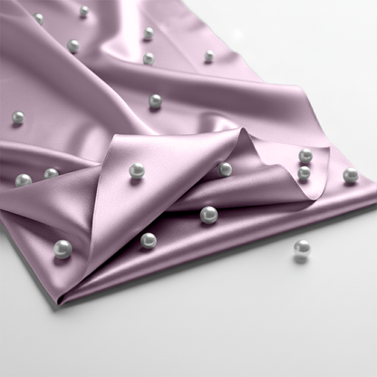 Lavender satin fitted sheet with smooth sheen and scattered white pearls on fabric.