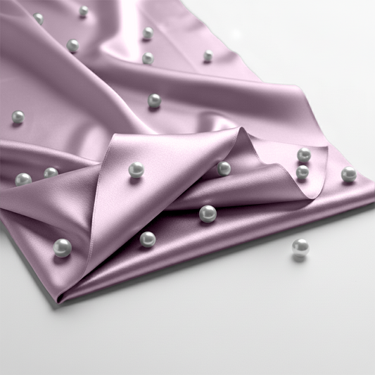 Lavender satin fitted sheet with smooth sheen and scattered white pearls on fabric.