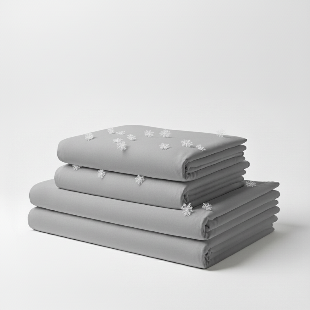 Light grey cooling bed sheet set with subtle white embroidered snowflake details, neatly folded.