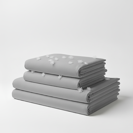 Light grey cooling bed sheet set with subtle white embroidered snowflake details, neatly folded.