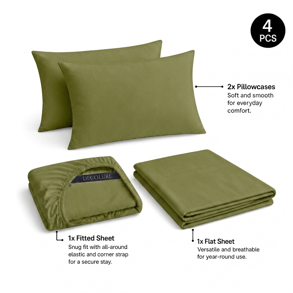 Olive green Decolure sheet set shown as 4 pieces: 2 pillowcases, one folded fitted sheet and one folded flat sheet.