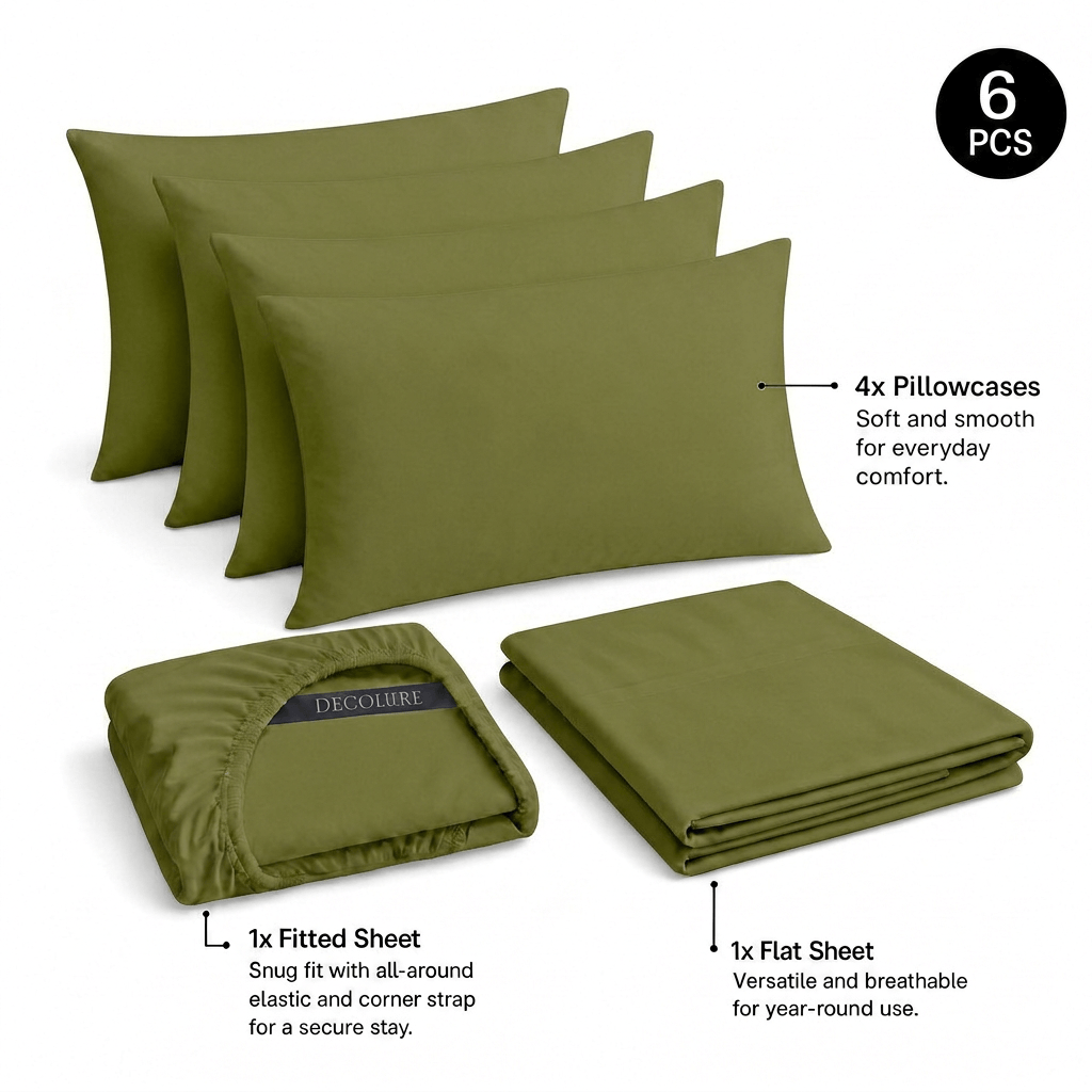 Olive green Decolure sheet set shown as 6 pieces: 4 pillowcases, one folded fitted sheet and one folded flat sheet.