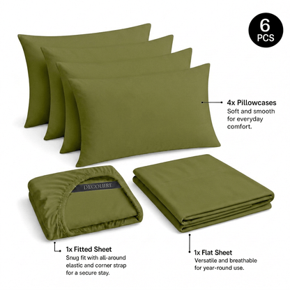 Olive green Decolure sheet set shown as 6 pieces: 4 pillowcases, one folded fitted sheet and one folded flat sheet.