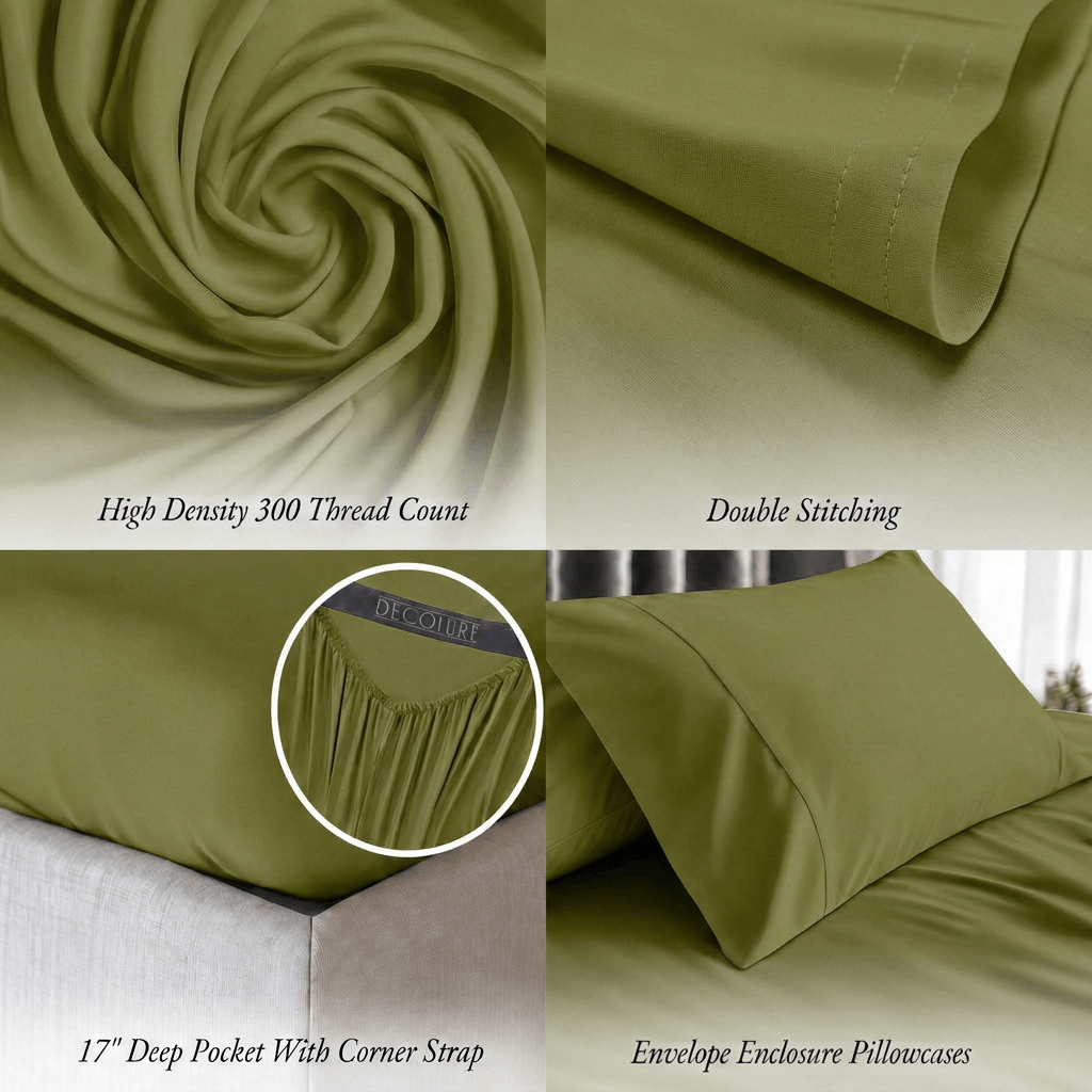 Olive green bedding detail panels show swirled fabric, double stitching, a fitted corner with strap and an envelope pillowcase; labels note 300 thread count and a 17 inch pocket.