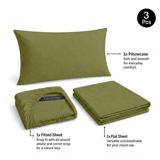 Olive green Decolure sheet set shown as 3 pieces: one pillowcase, one folded fitted sheet and one folded flat sheet.