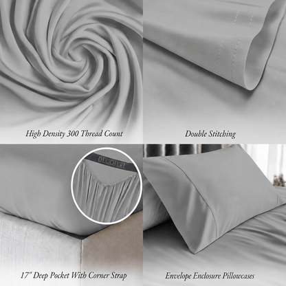 Light gray bedding detail panels show swirled fabric, double stitching, a fitted corner with strap and an envelope pillowcase; labels note 300 thread count and a 17 inch pocket.