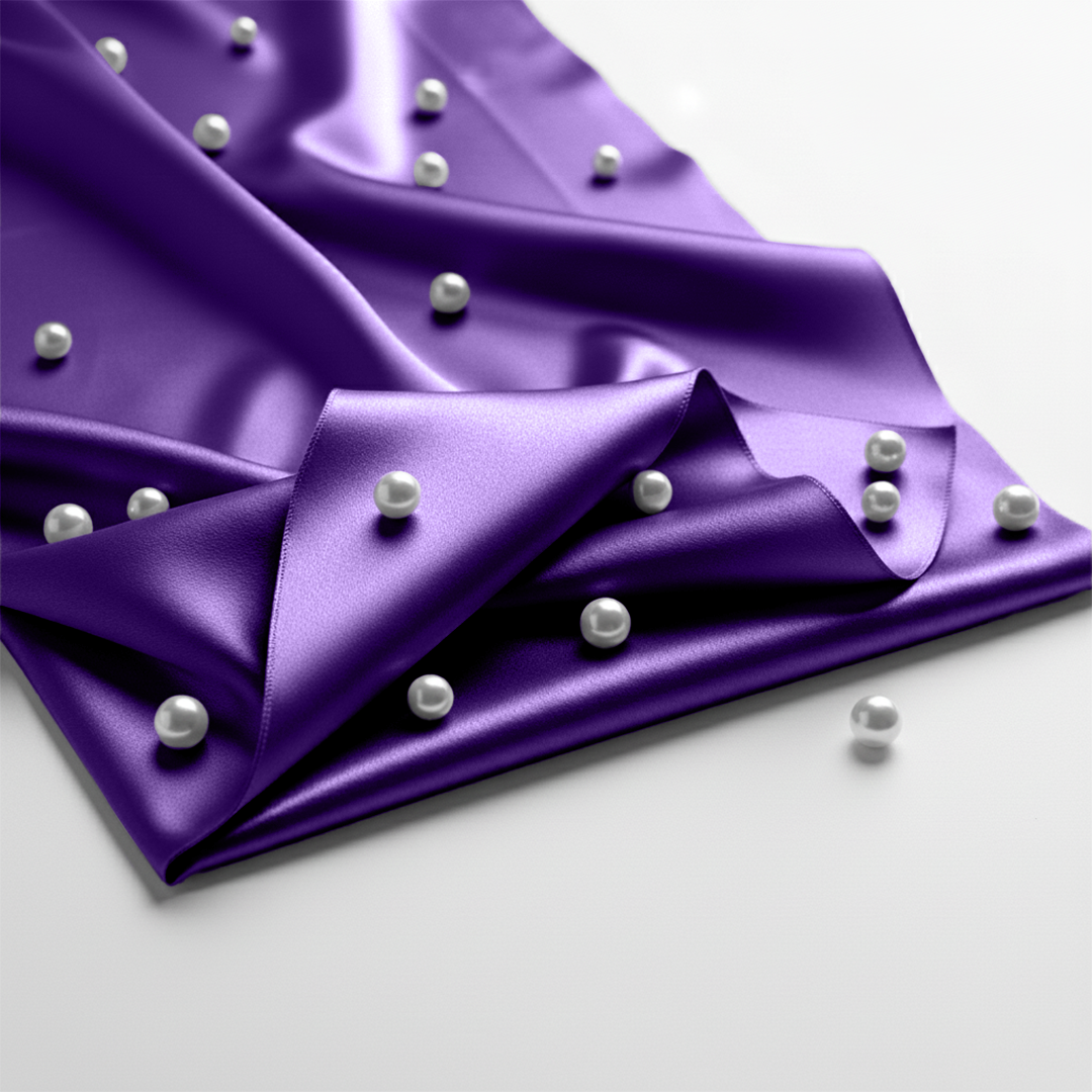 Smooth purple satin fitted sheet with scattered white pearls on top and around edges.