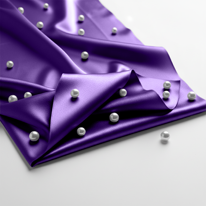 Smooth purple satin fitted sheet with scattered white pearls on top and around edges.