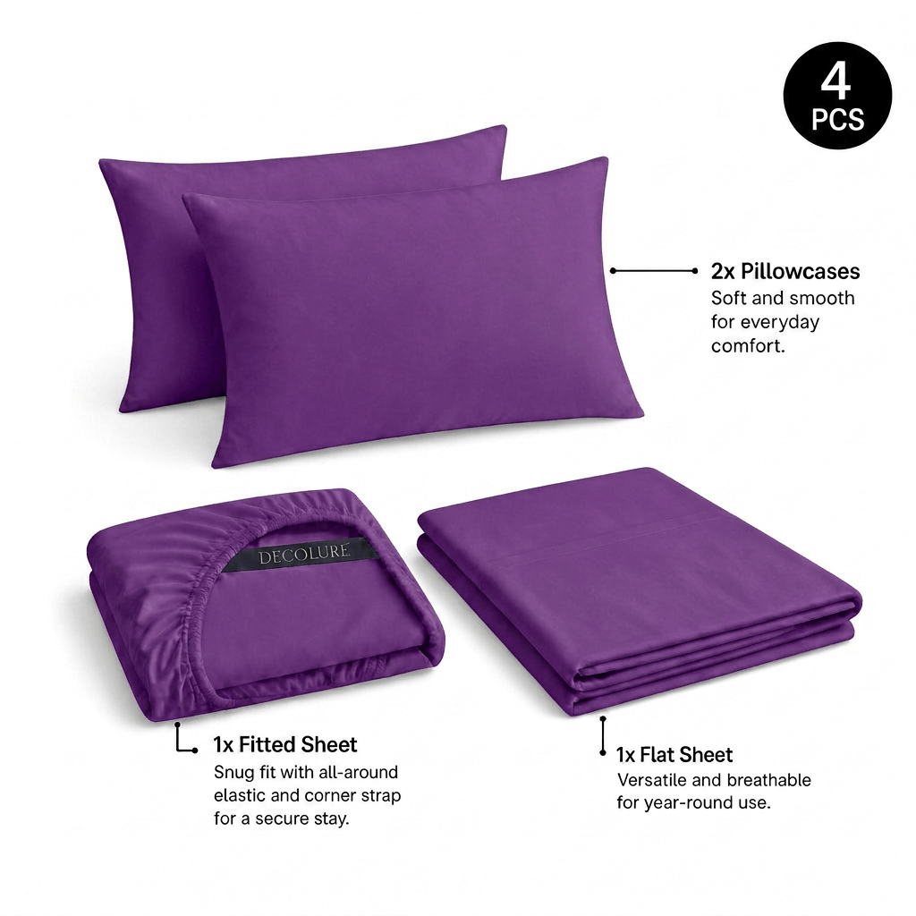 Purple Decolure sheet set shown as 4 pieces: 2 pillowcases, one folded fitted sheet and one folded flat sheet.