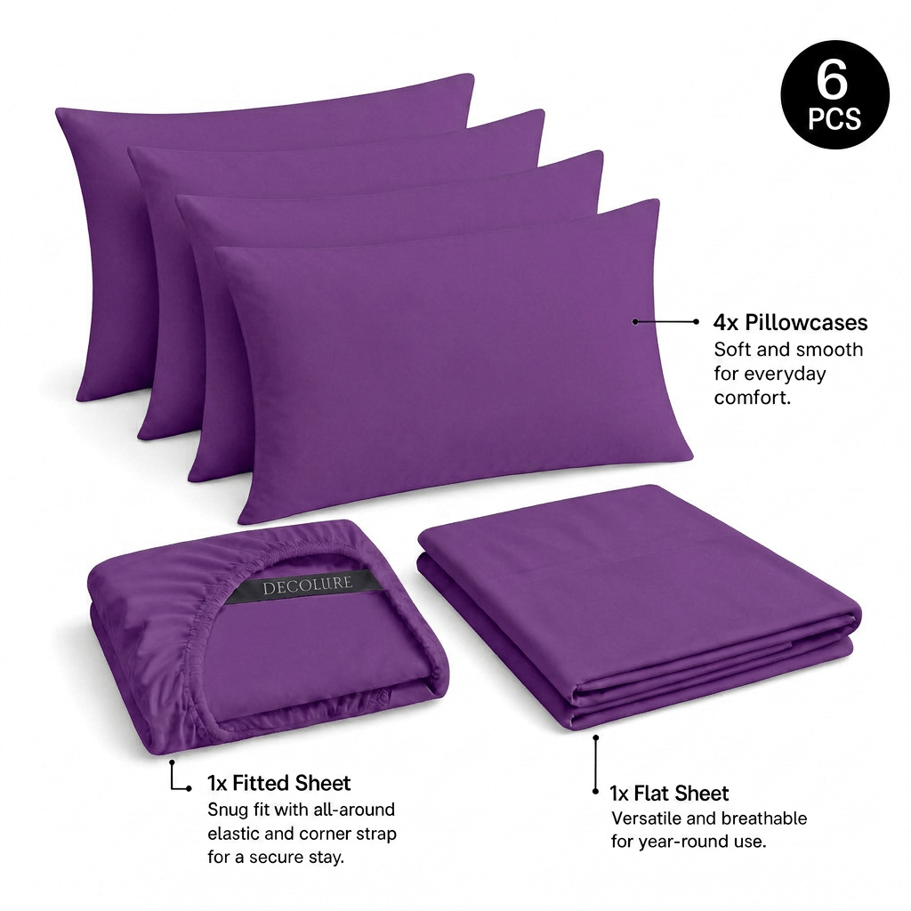 Purple Decolure sheet set shown as 6 pieces: 4 pillowcases, one folded fitted sheet and one folded flat sheet.