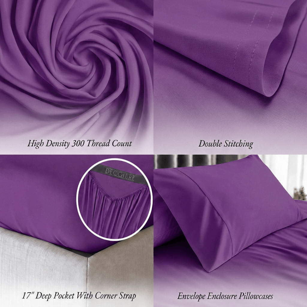 Purple bedding detail panels show swirled fabric, double stitching, a fitted corner with strap and an envelope pillowcase; labels note 300 thread count and a 17 inch pocket.