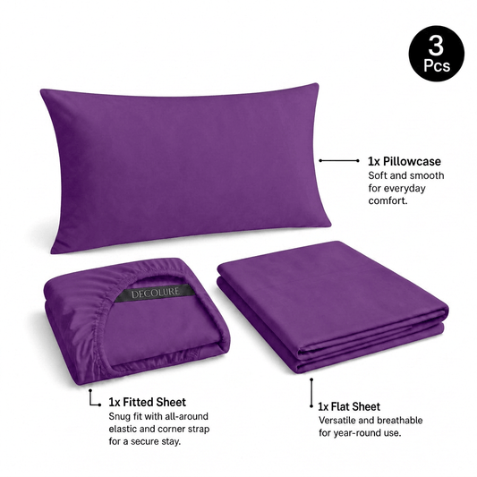 Purple Decolure sheet set shown as 3 pieces: one pillowcase, one folded fitted sheet and one folded flat sheet.