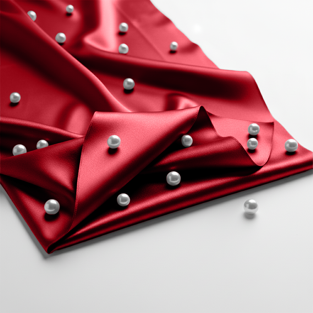 Red satin fitted sheet with smooth, glossy texture and scattered white pearls on surface.