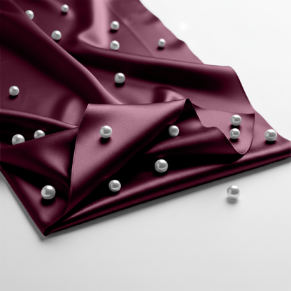 Rosewood satin fitted sheet with smooth texture and scattered white pearls on fabric.