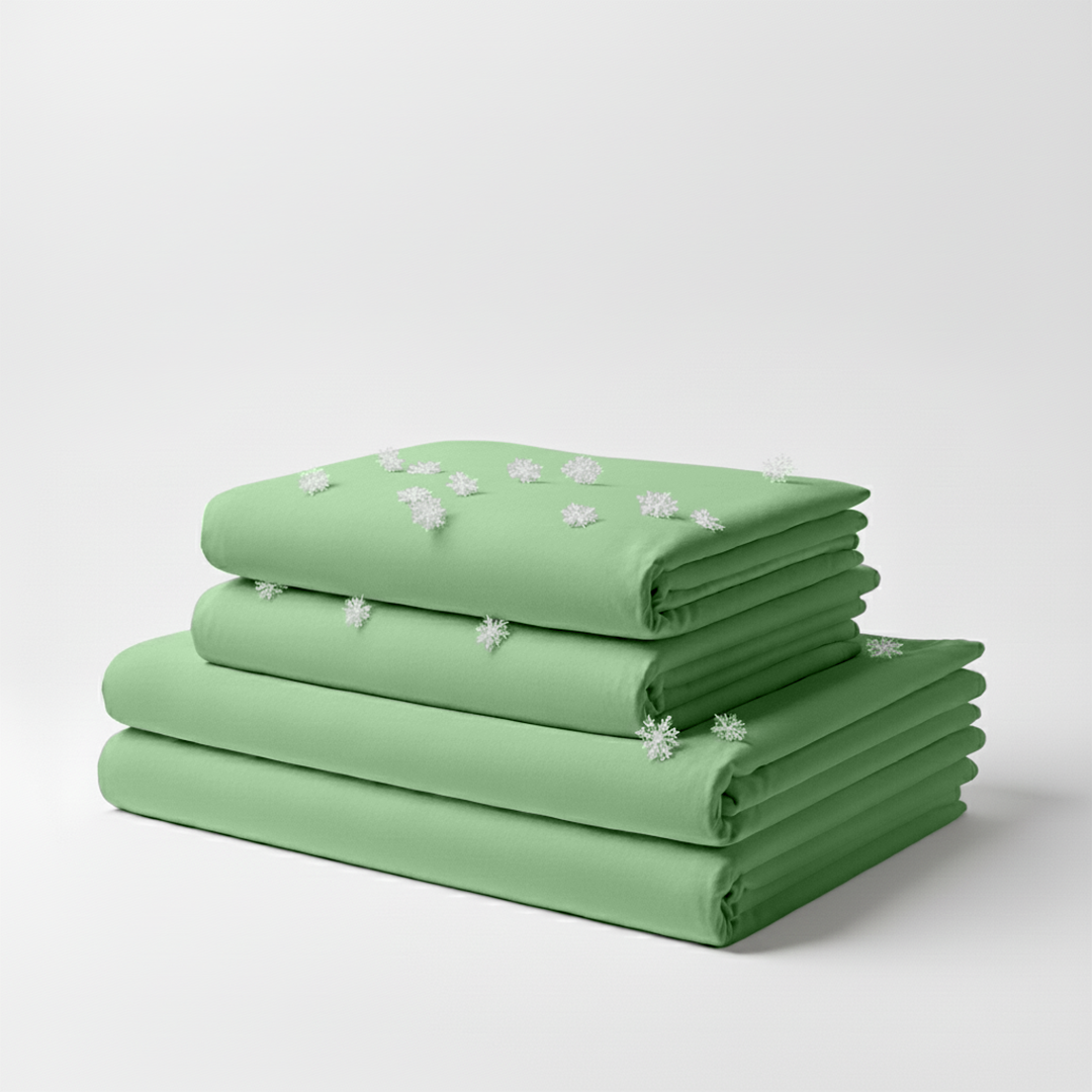 Sage green cooling sheet set neatly folded with small white embroidered flowers on top sheet.
