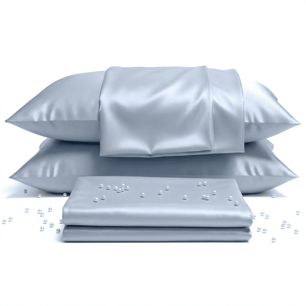 Set of light blue satin pillows and a flat sheet on a white background