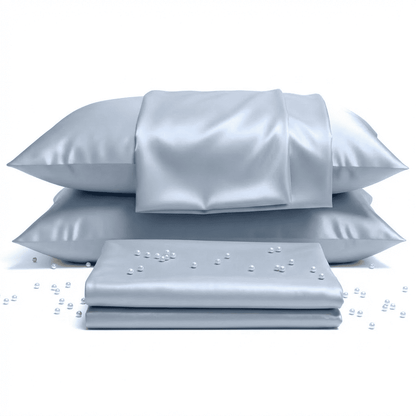 Set of light blue satin pillows and a flat sheet on a white background