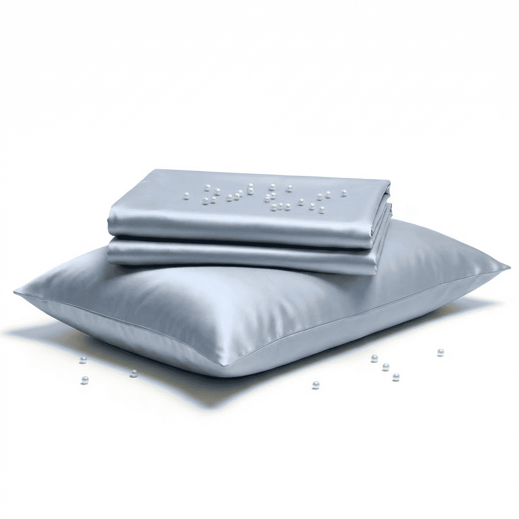 Gray satin sheet set with pillow on a white background
